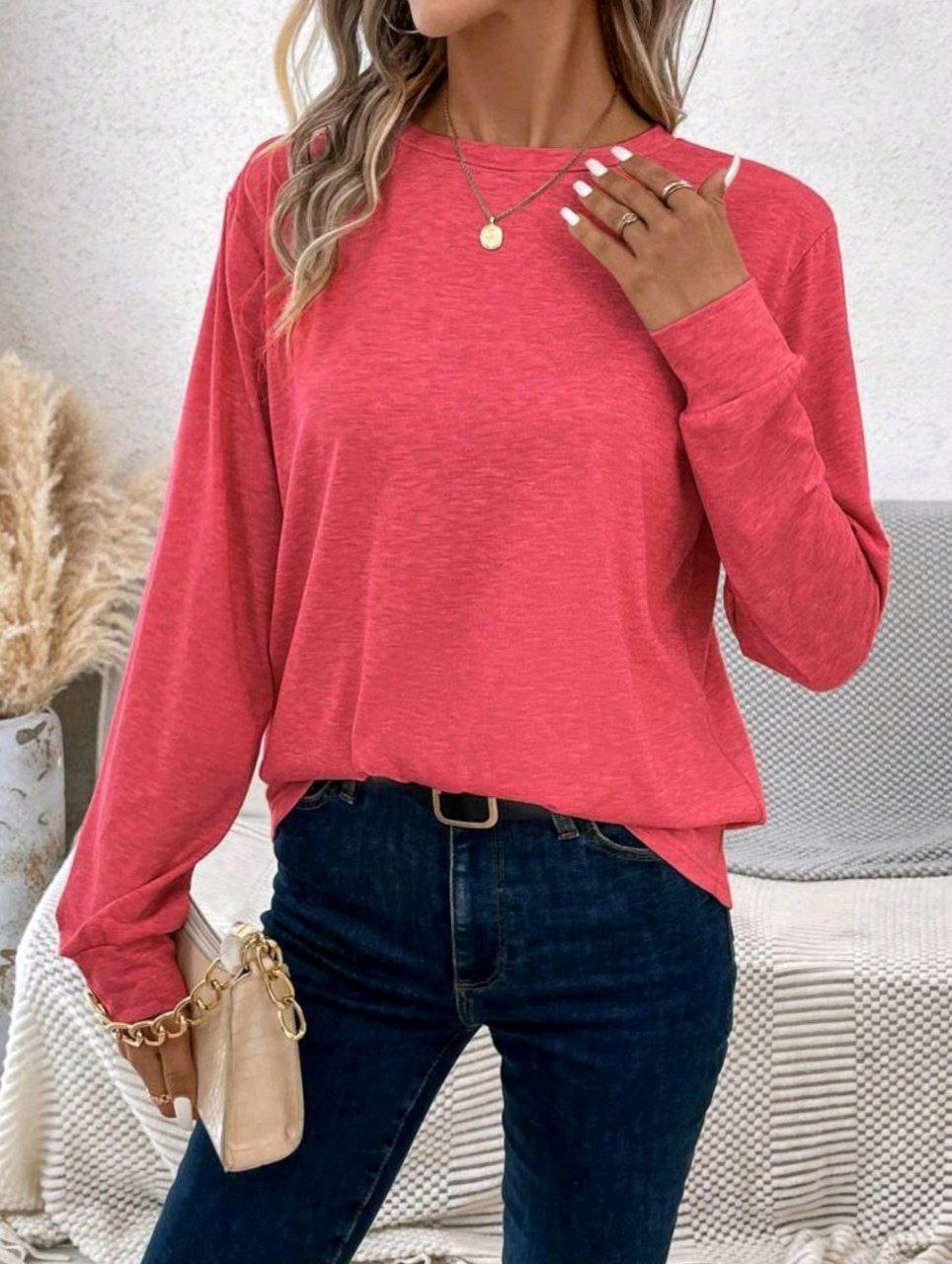 Plus Size Round Neck Long Sleeve Simple T-Shirt
