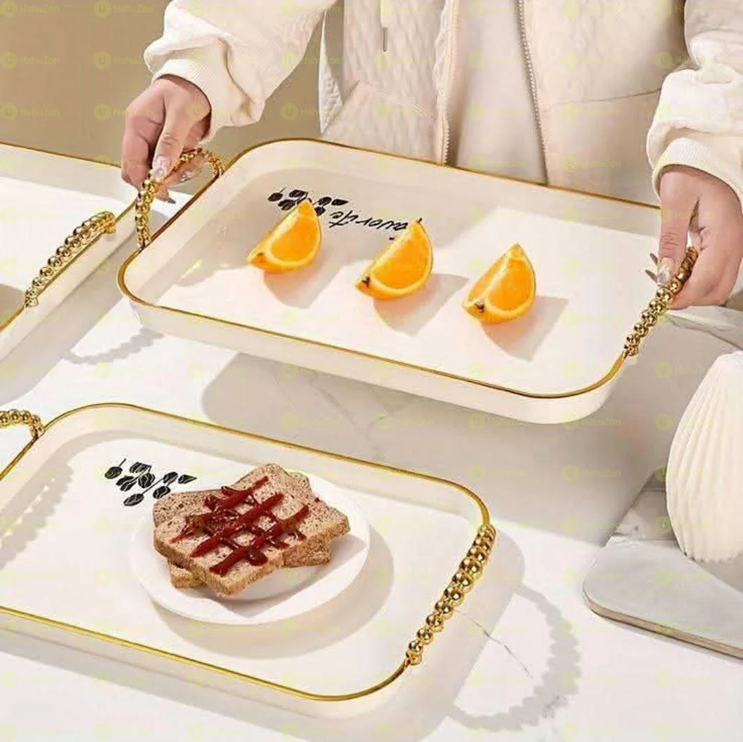 3 Sets Serving Tray With Golden Handle