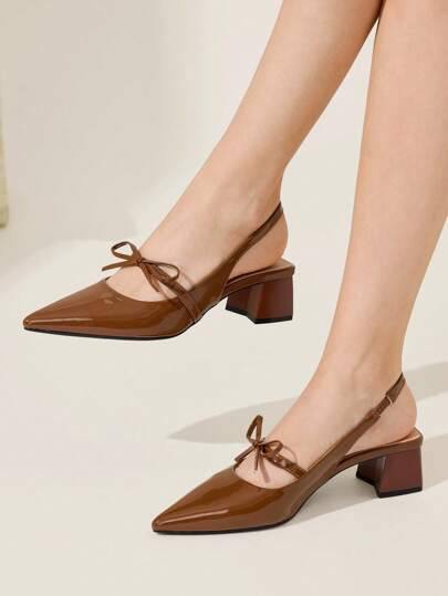 Bow Decor Solid Color Block Women Heel
