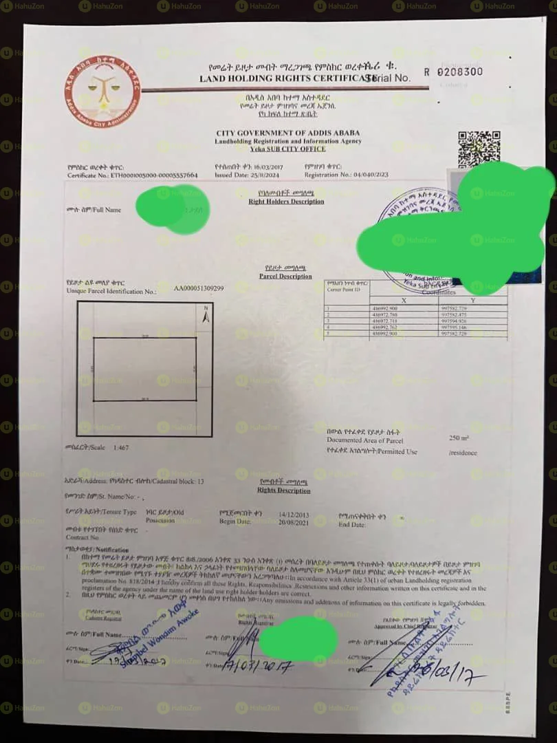 250 ካሬ የሚሸጥ ቦታ በአያት