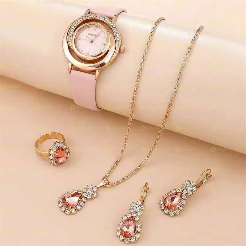 5pcs Set Luxury Watch Women Ring Necklace Earring Rhinestone