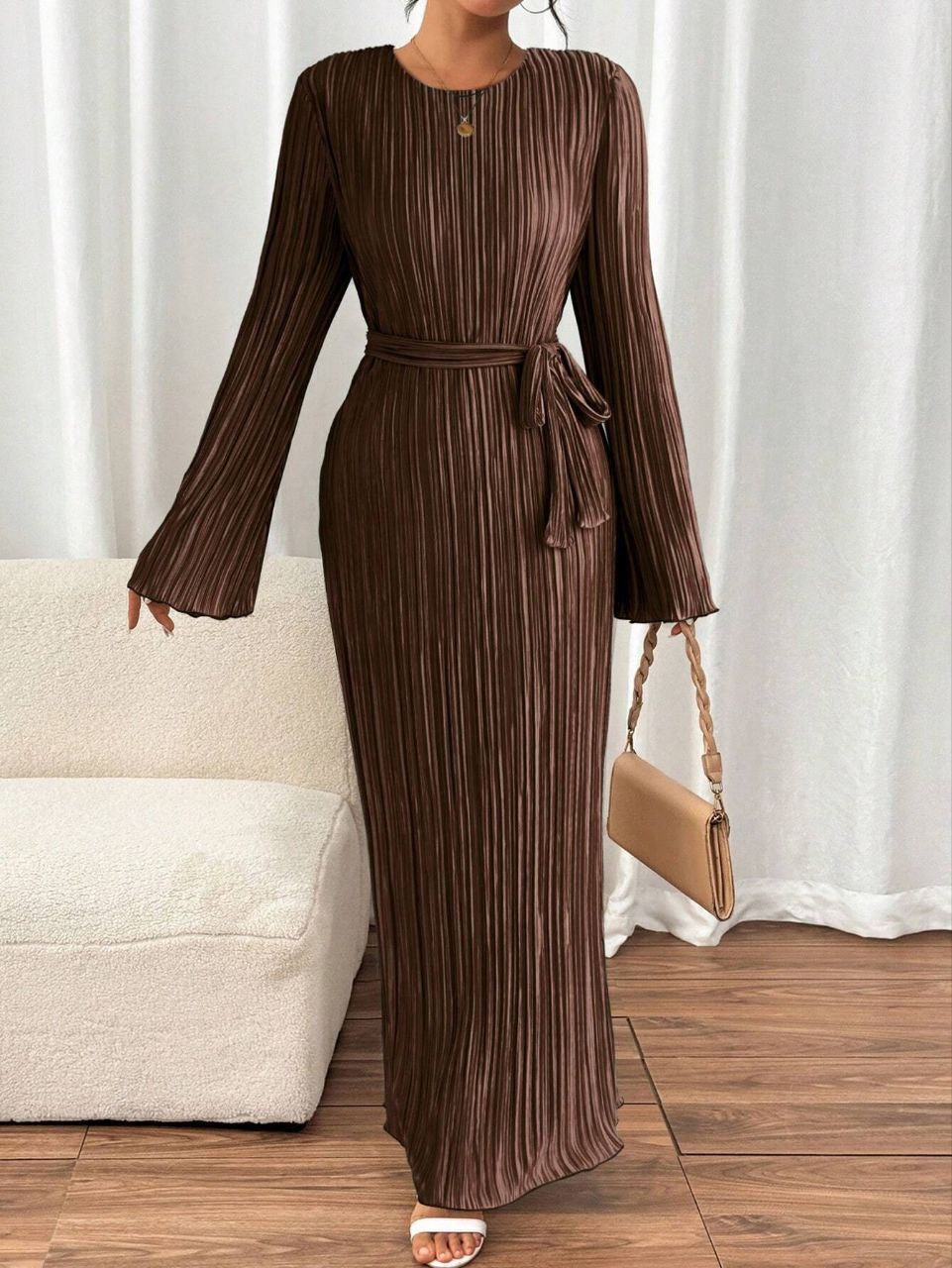 Pleated Long Sleeve Elegant Dress