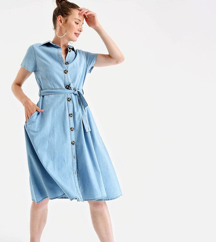 Belted Short Sleeves Shirt Dress