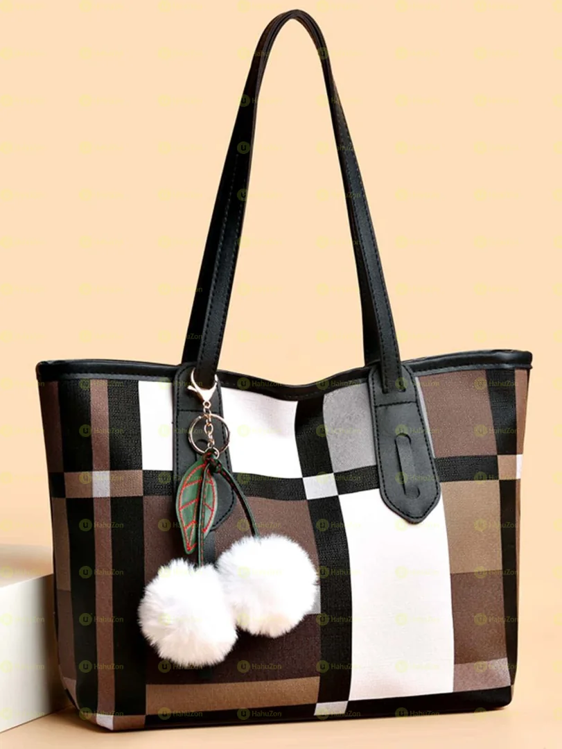 Plaid Pattern Shoulder Tote Bag With Bag Charm