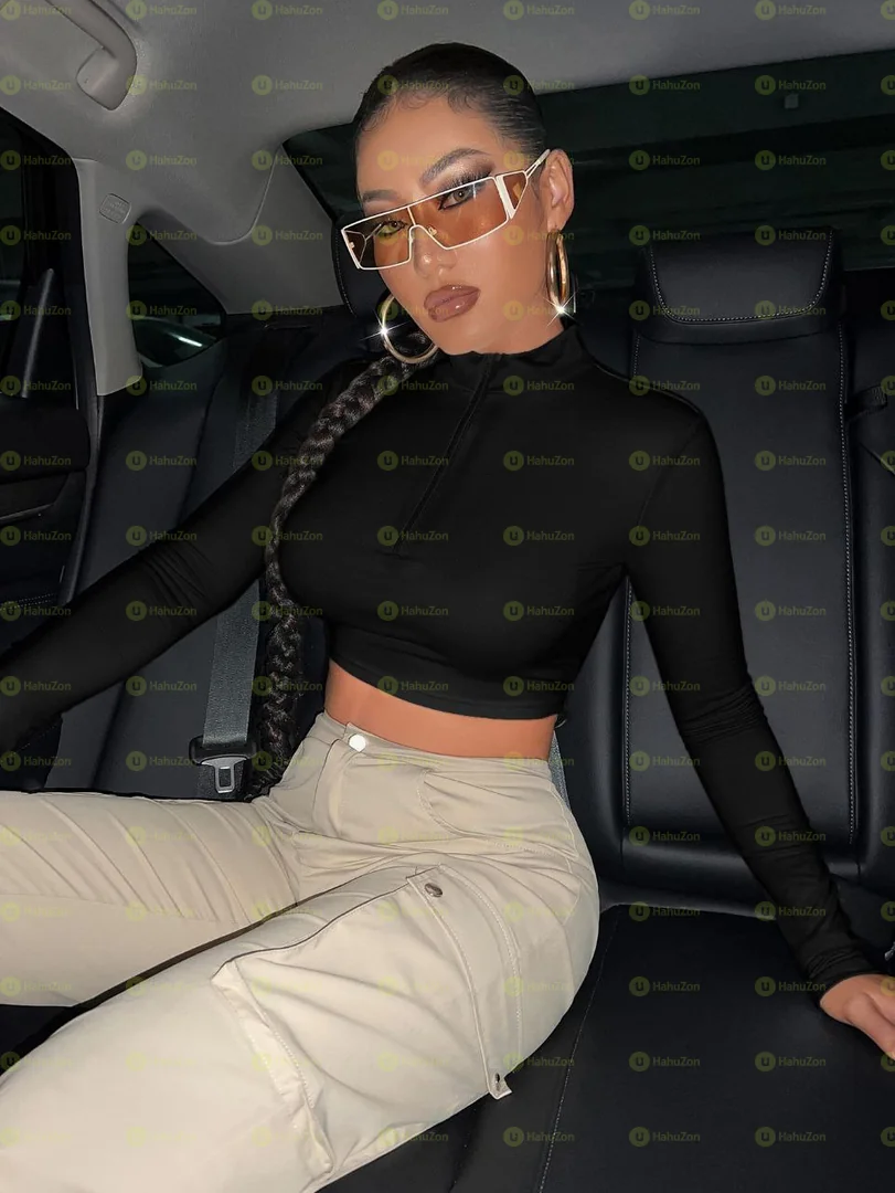 Mock Neck Half Zip Crop Tee