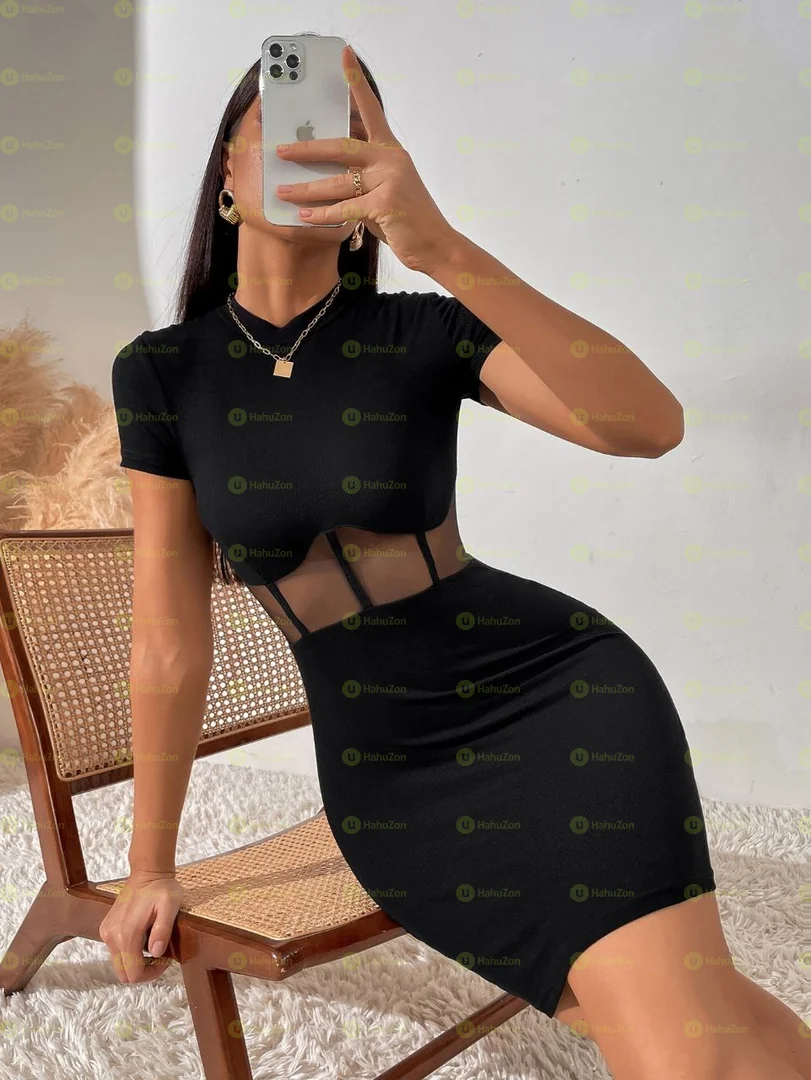 Mesh Insert Mock Neck Bodycon Dress