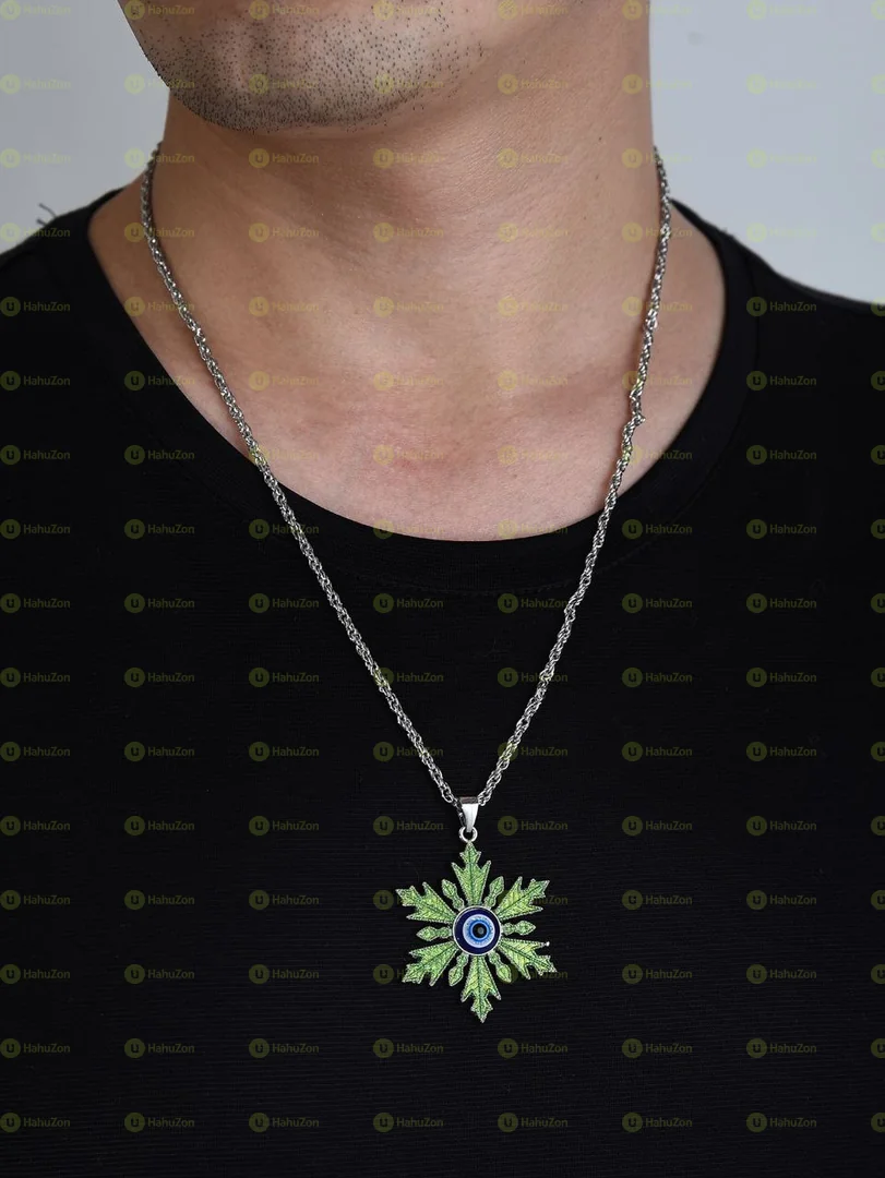Men Evil Eye Detail Leaf Charm Necklace