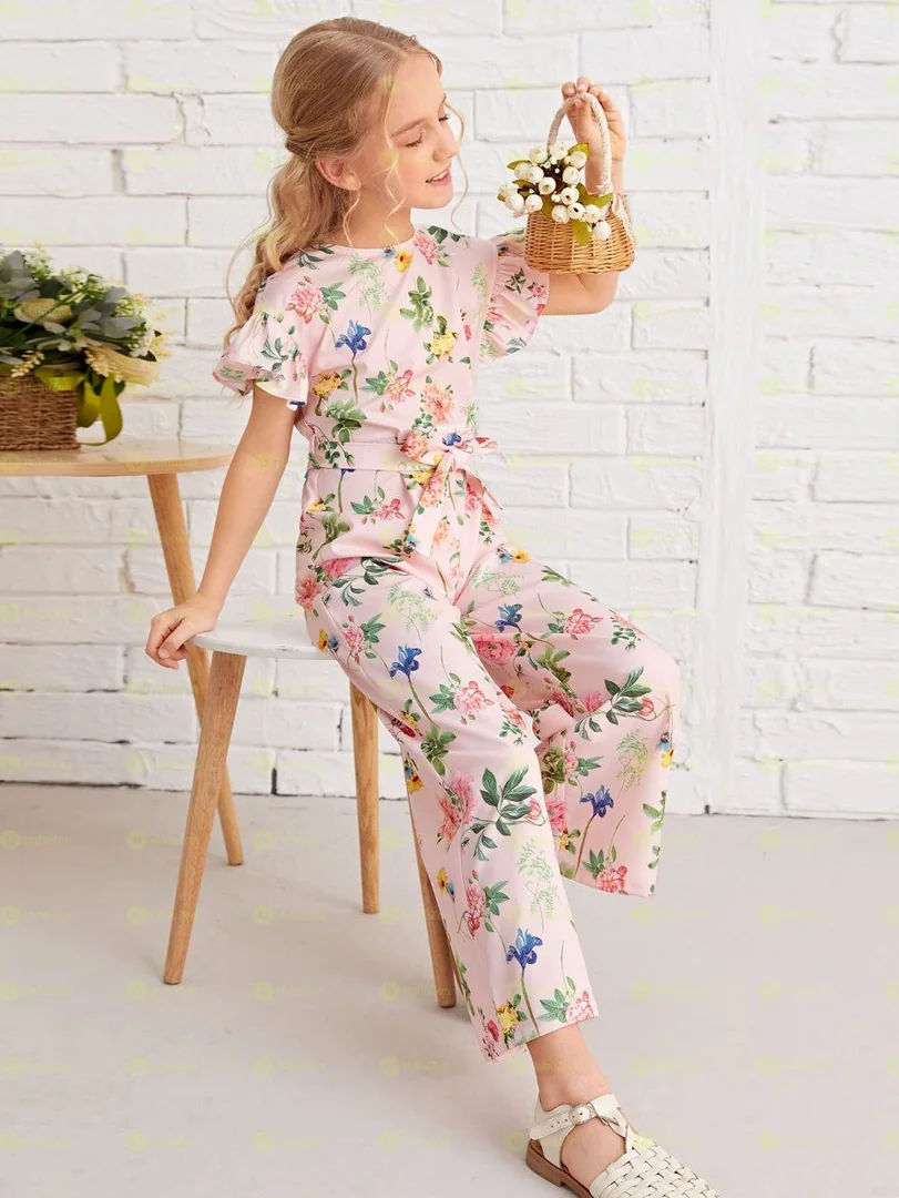Ruffle Cuff Wide Leg Plants Print Jump Suit