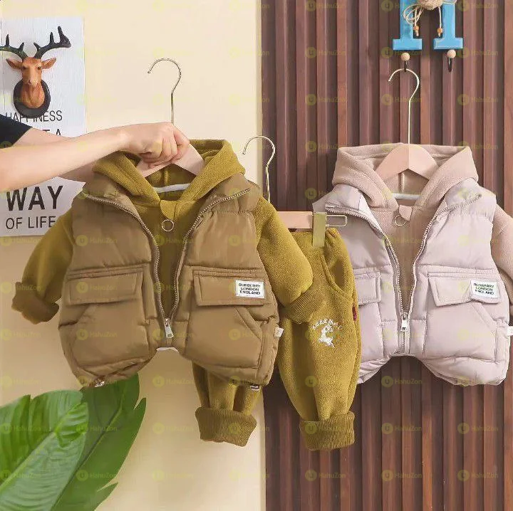 3Piece Set Cardigan Pant And Vest With Warm Hoodie