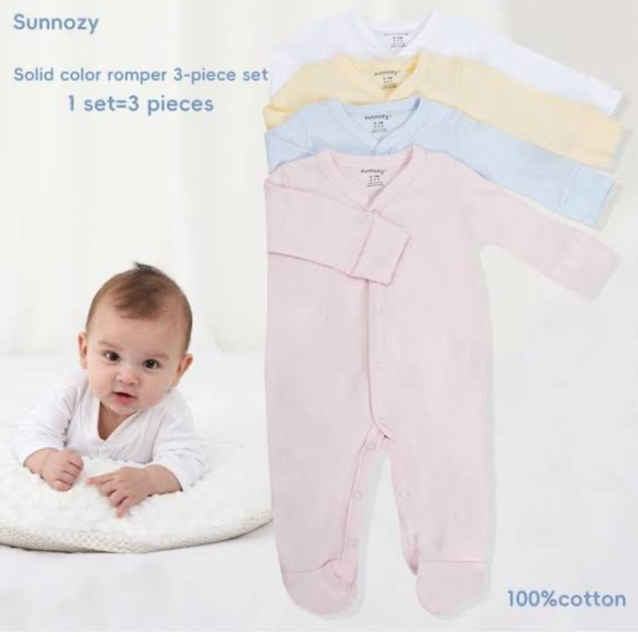 Sunnozy Premium Cotton Sleepsuit Romper 3Pcs Pk