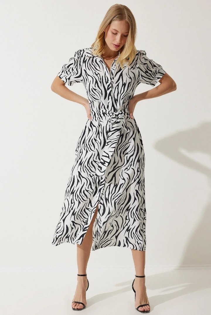 Black & White Patterned Belted Dress