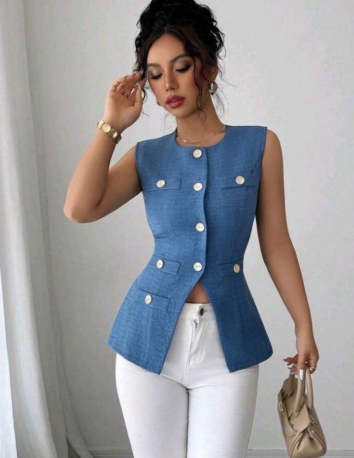 Denim Effect Comfortable Sleeveless Blouse