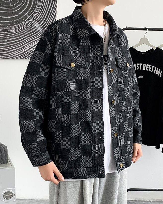 Patterned Checkered Denim Jacket