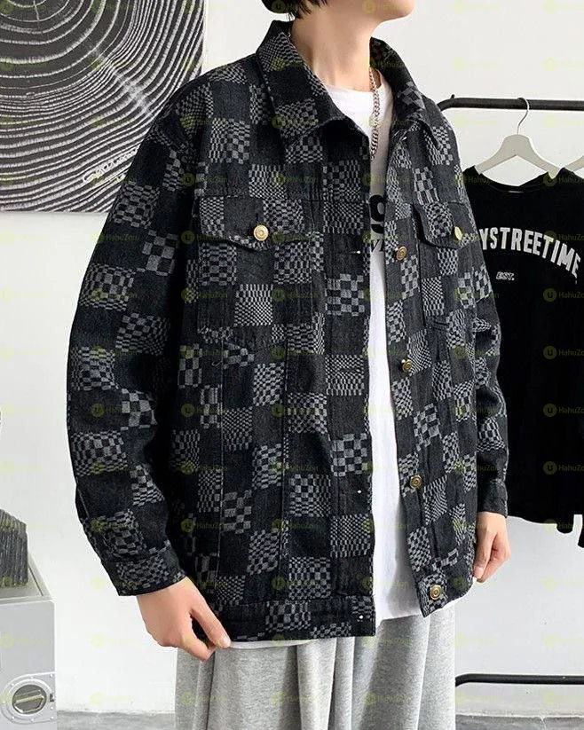 Patterned Checkered Denim Jacket