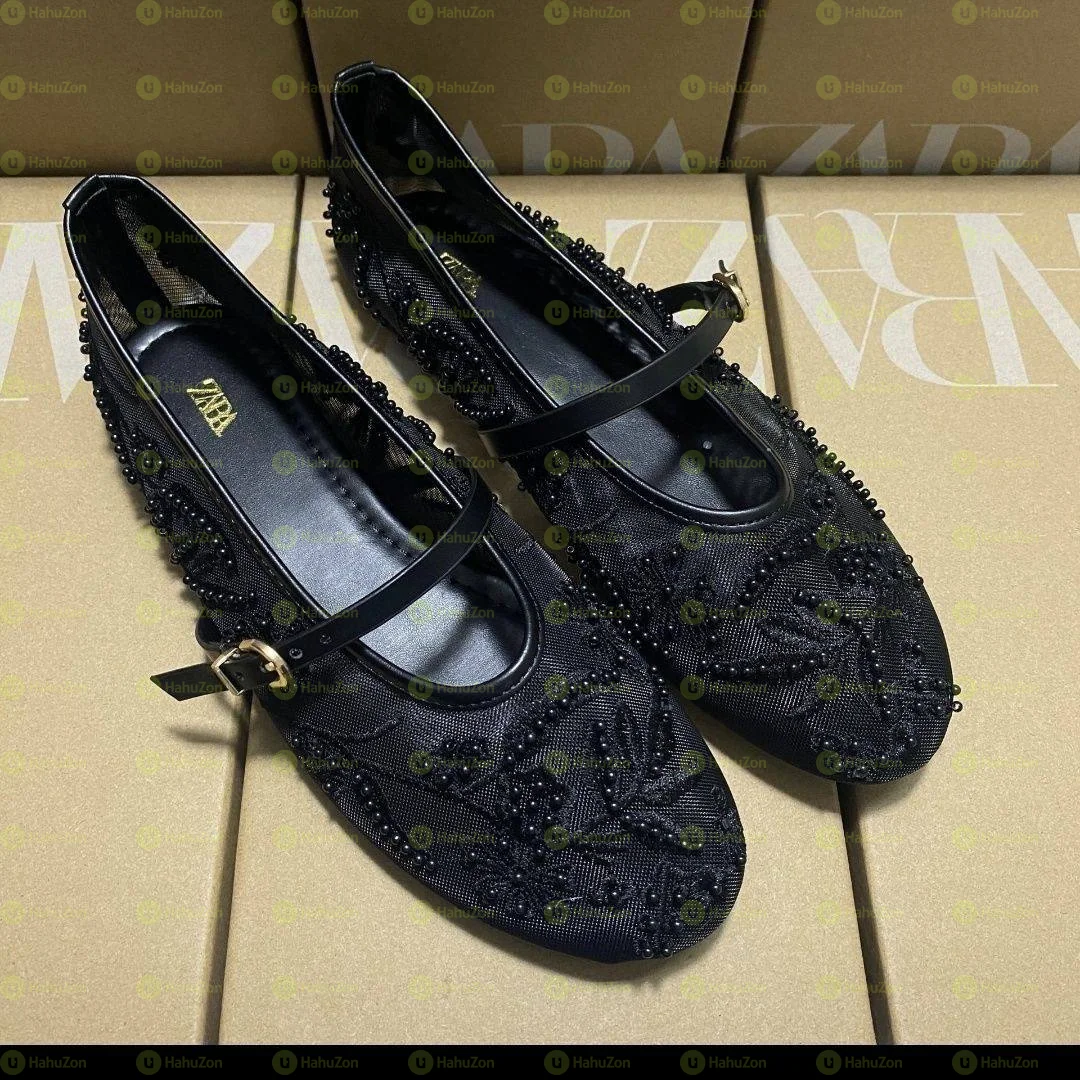 Zara Black Mesh String Bead Ballet Flats Women Shoes