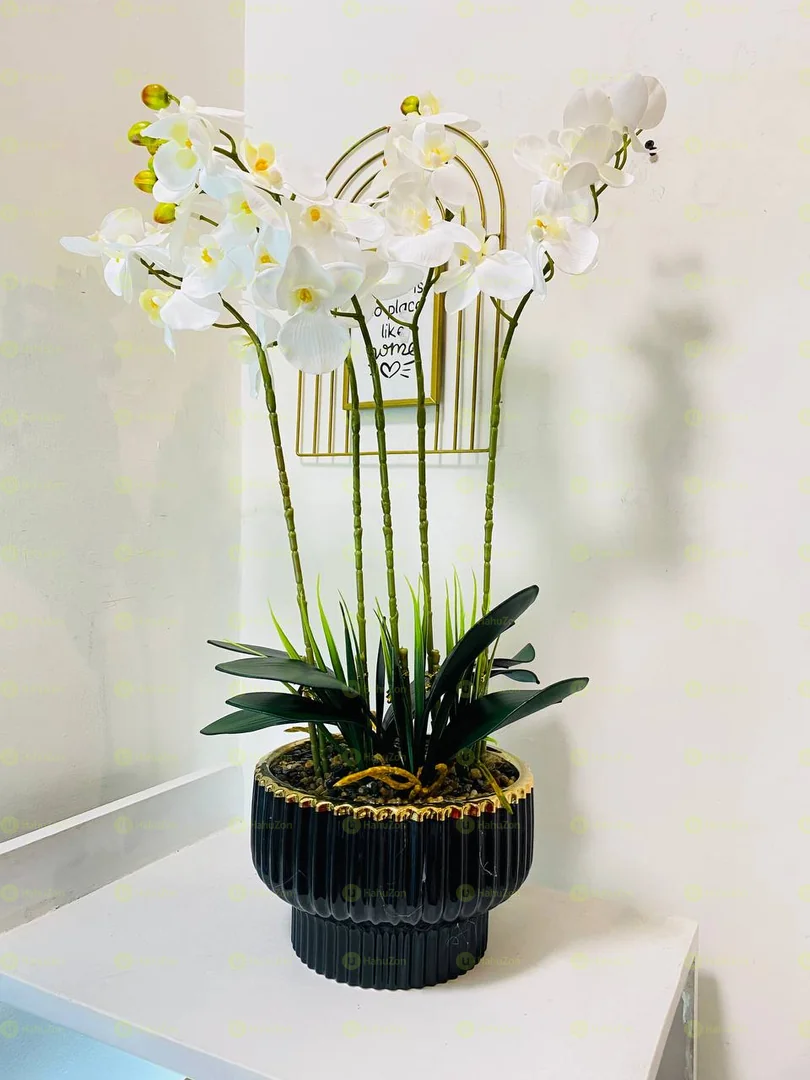 Ceramic Black Orchid Vase and Flower