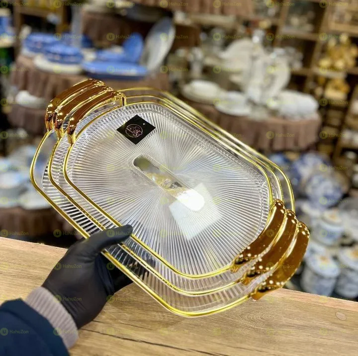 3 Sets Serving Acrylic Tray With Golden Handle