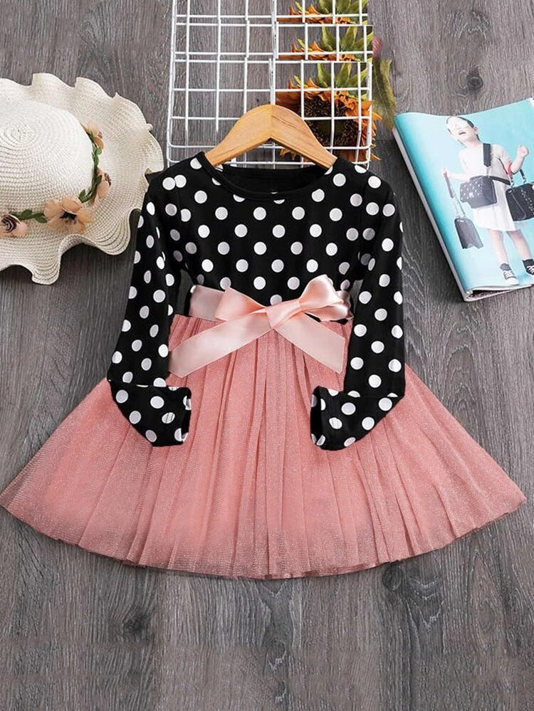 Toddler Girls Mesh Panel Polka Dot Skater Dress