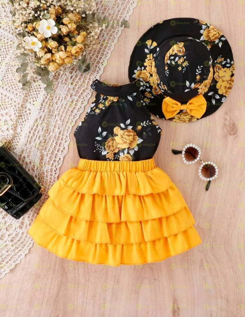 Baby Girl Floral Print Halter Top & Layer Hem Skirt & Hat