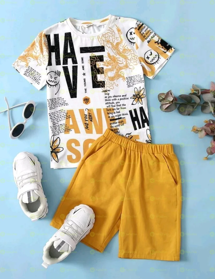 Boys Cartoon and Slogan Print Top & Shorts Set