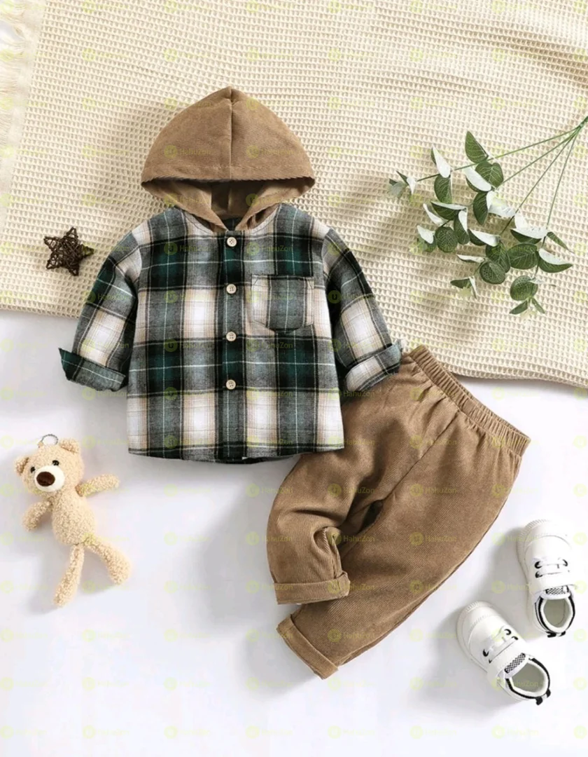 Baby Boy Plaid Print Hooded Shirt & Pants, For Christmas