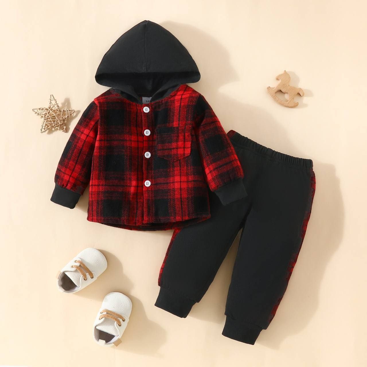 HToddler Boy Classic Plaid Hooded Long-Sleeved Shirt and Pant Set