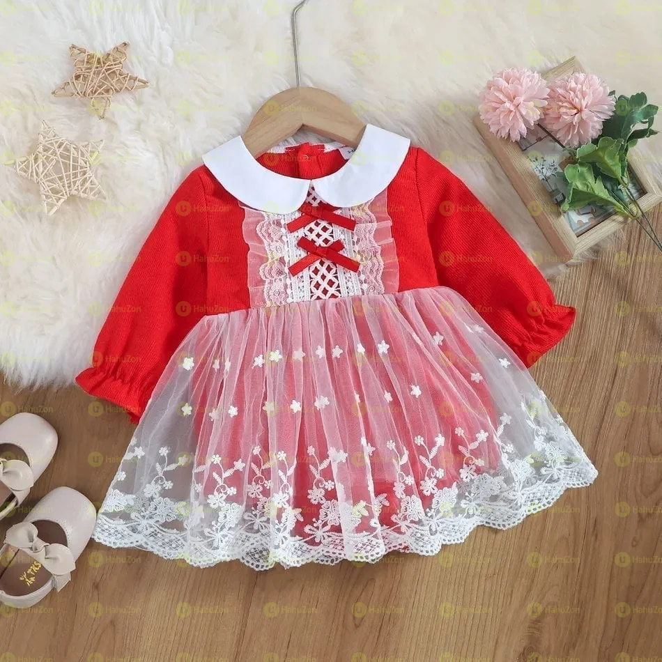 Baby Red Long-sleeve Doll Collar Mesh Romper Princess's Party Dress