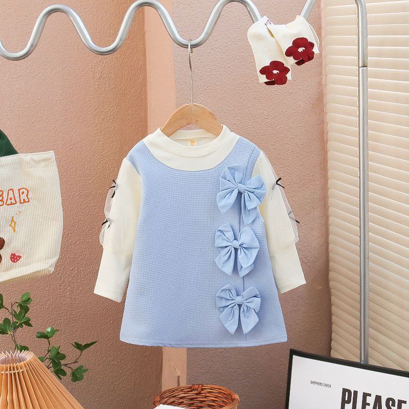 Girls Bow Decor Long-Sleeved Dress
