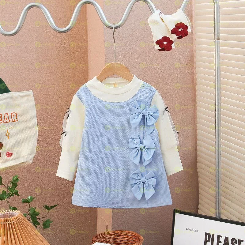 Girls Bow Decor Long-Sleeved Dress