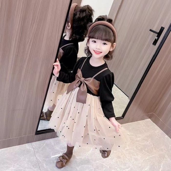 Girls Bow Decor Long-Sleeved Dress