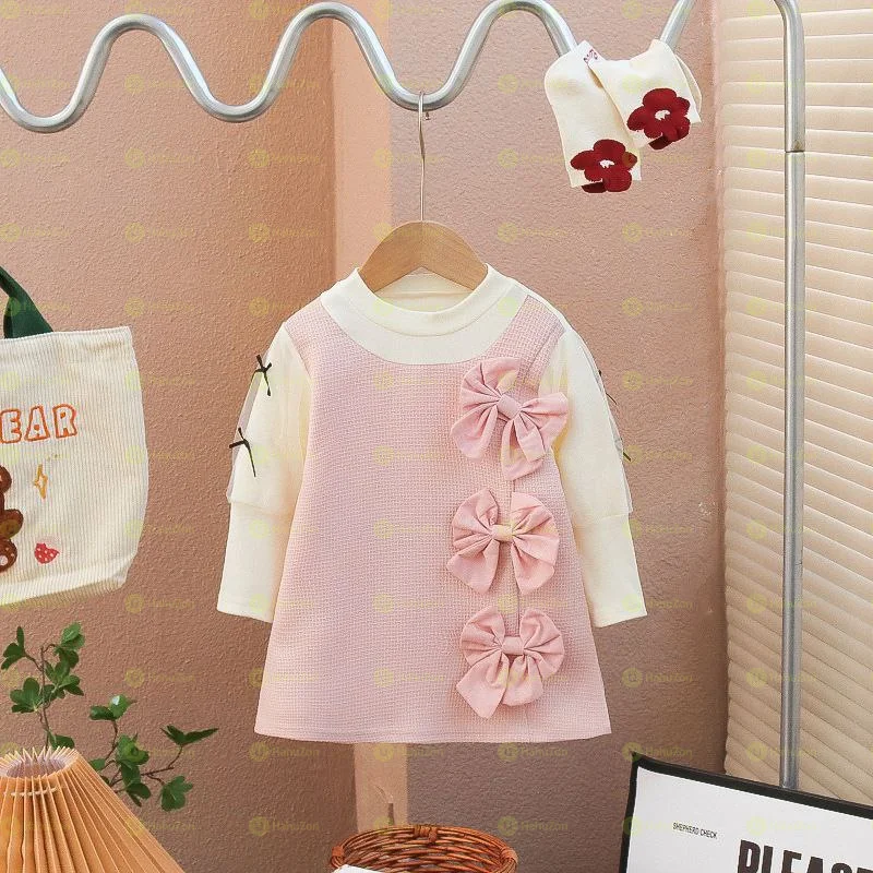 Girls Bow Decor Long-Sleeved Dress