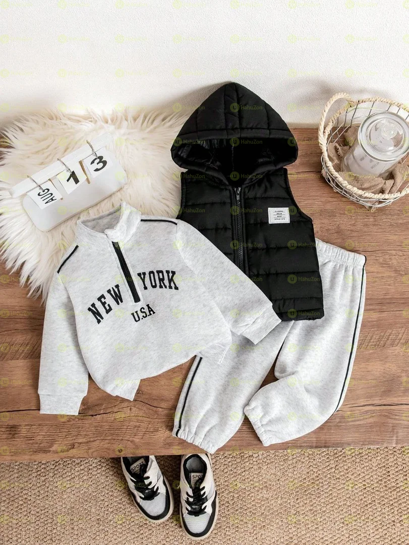 3 Piece Set Polo Collar Solid Sweatshirt Pant and Hooded Vest