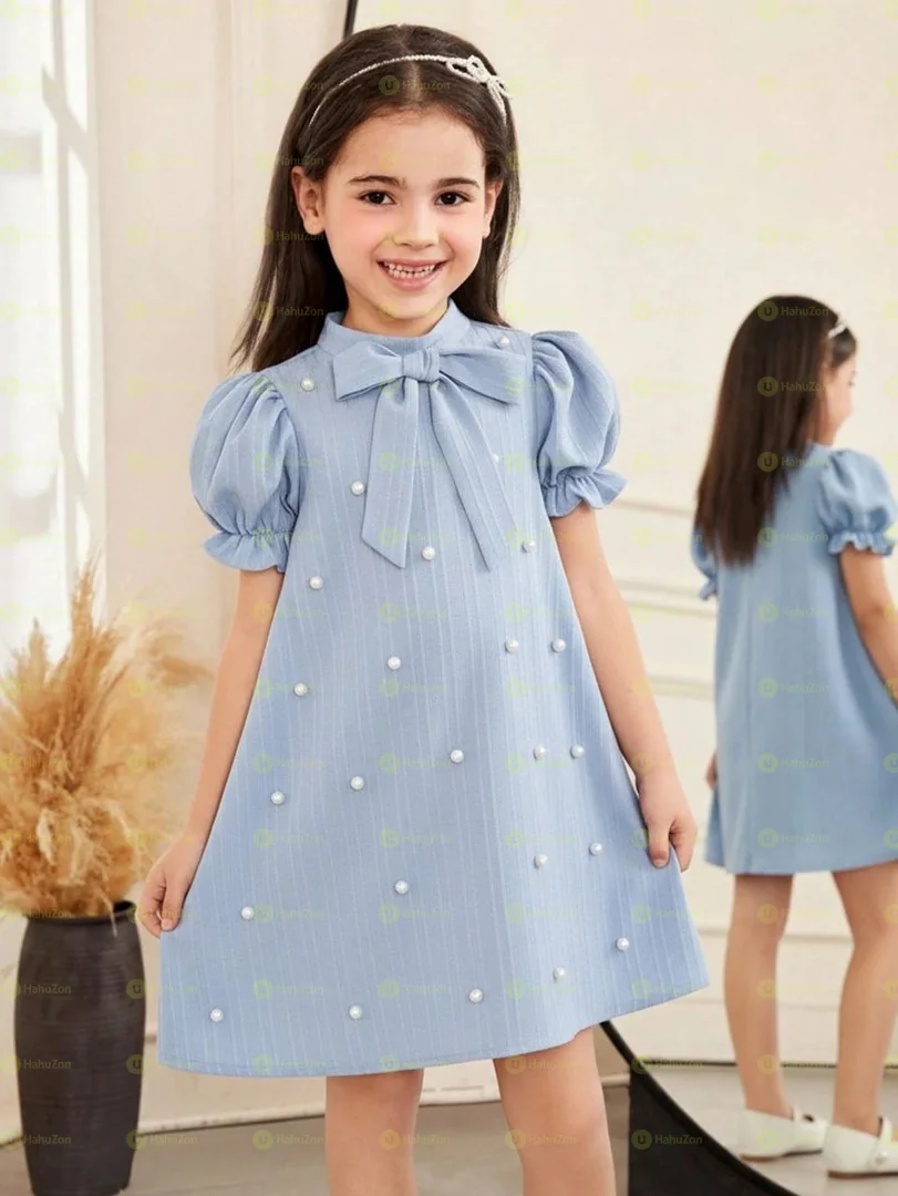 Young Girls Bow Decor Puff Sleeve Dress
