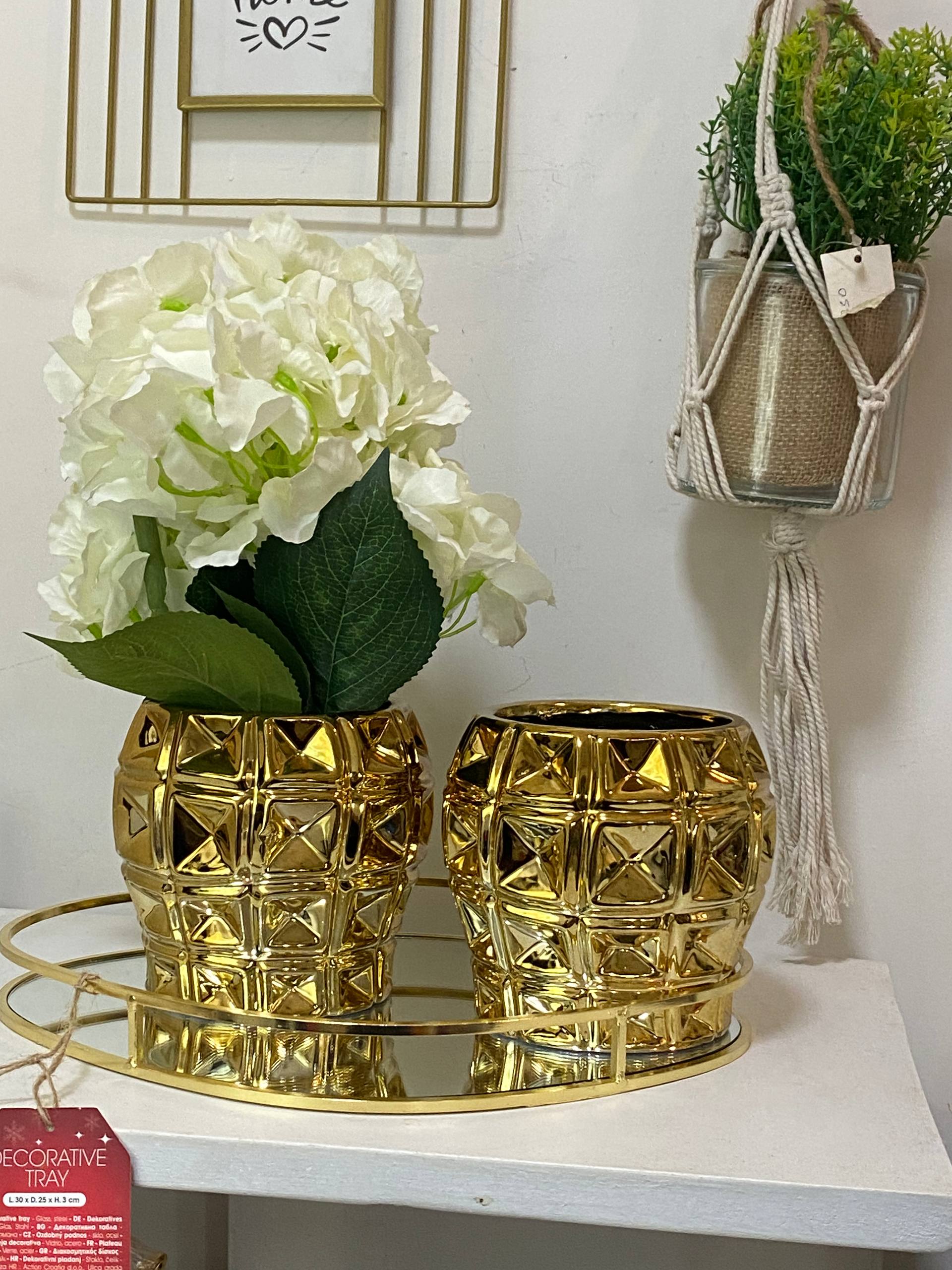 Set of 2 Golden Mini Vase and Flower