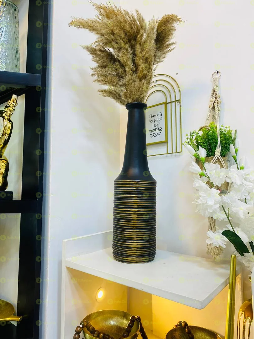 Long Modern Black Vase and Dried Pampas
