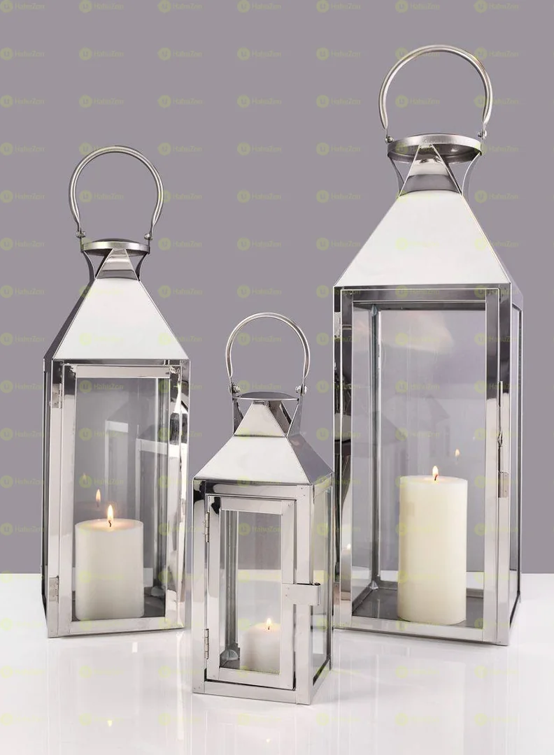 Modern Tall Silver Lantern Candle Holder