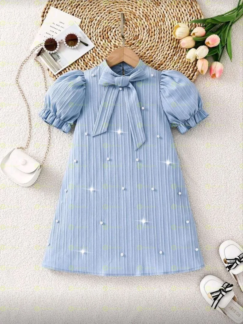 Young girls Bow Decor Puff Sleeve Dress