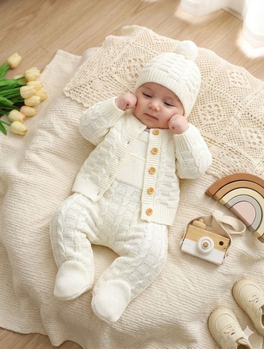 Unisex Cozy Cute Sweater Overall Long-Sleeve Cardigan and Hat Set