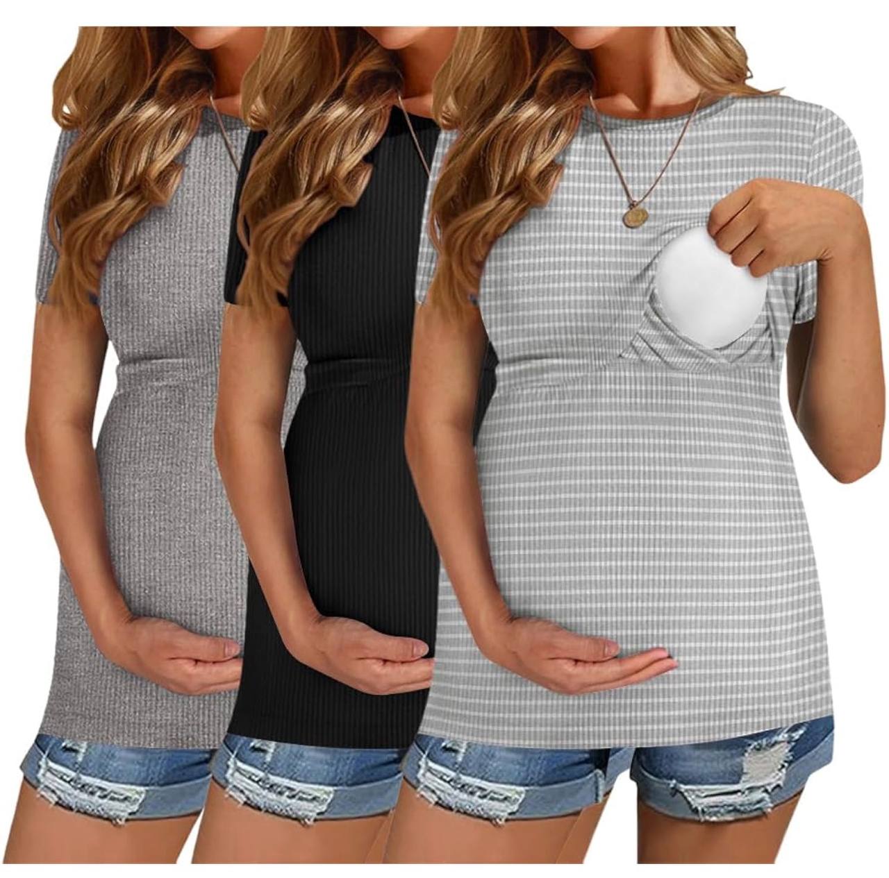 Womens Nursing Tops Short Sleeve Ribbed Breastfeeding