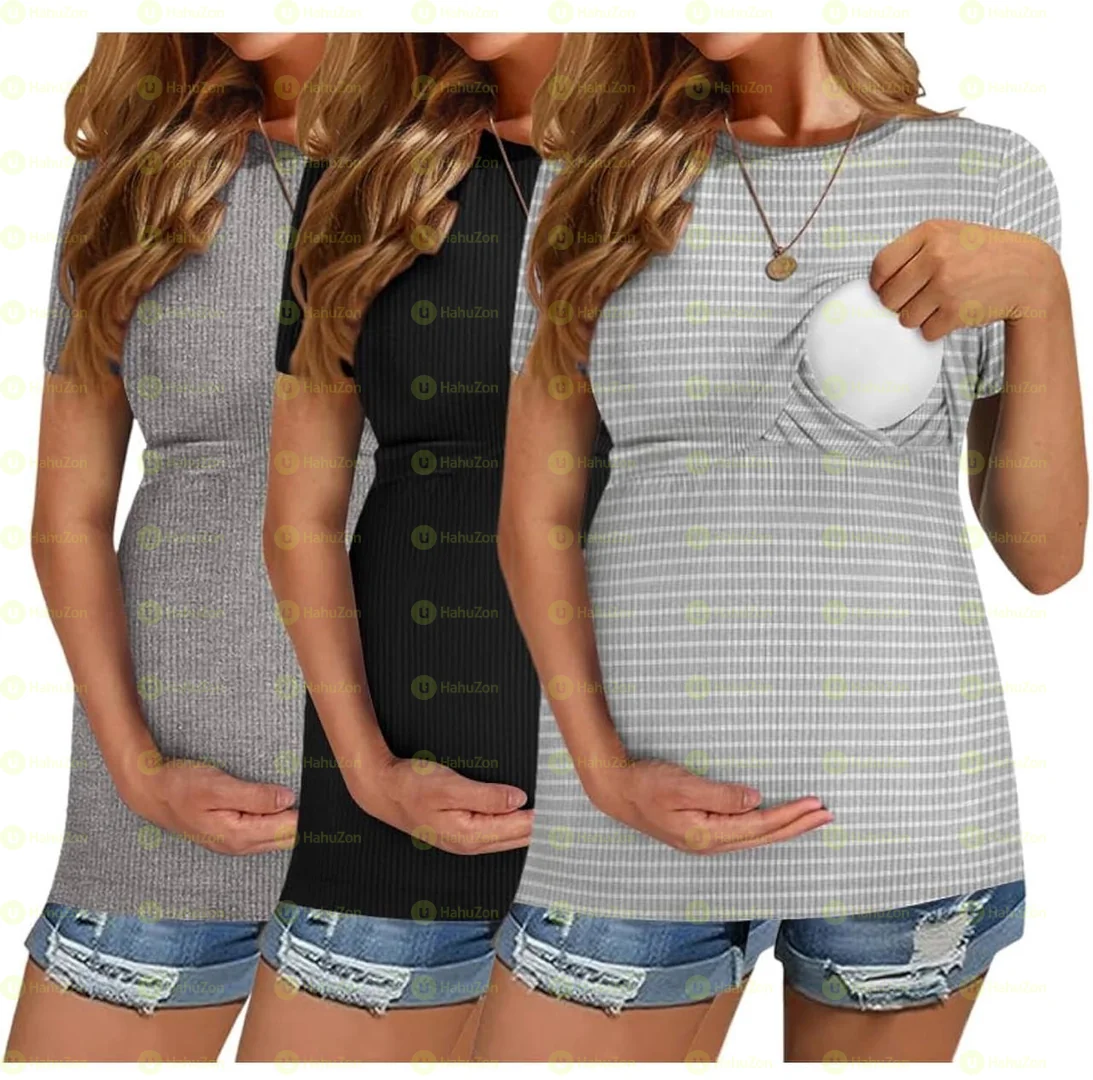 Womens Nursing Tops Short Sleeve Ribbed Breastfeeding