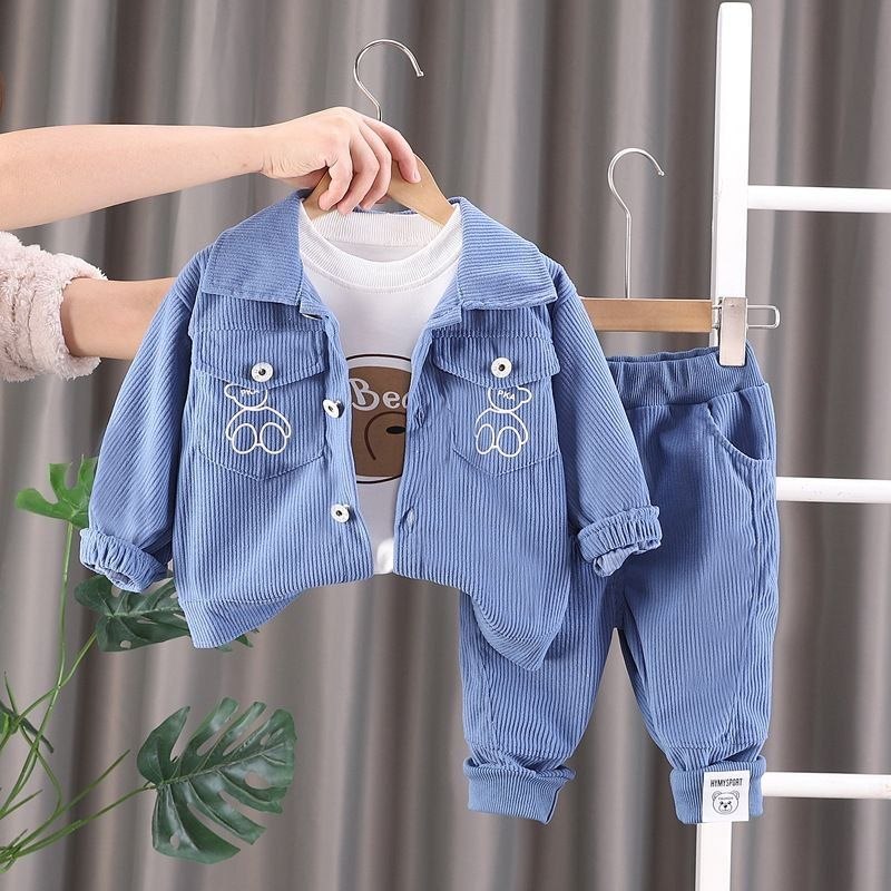 3pcs set Cartoon Bear Design Corduroy Outfit