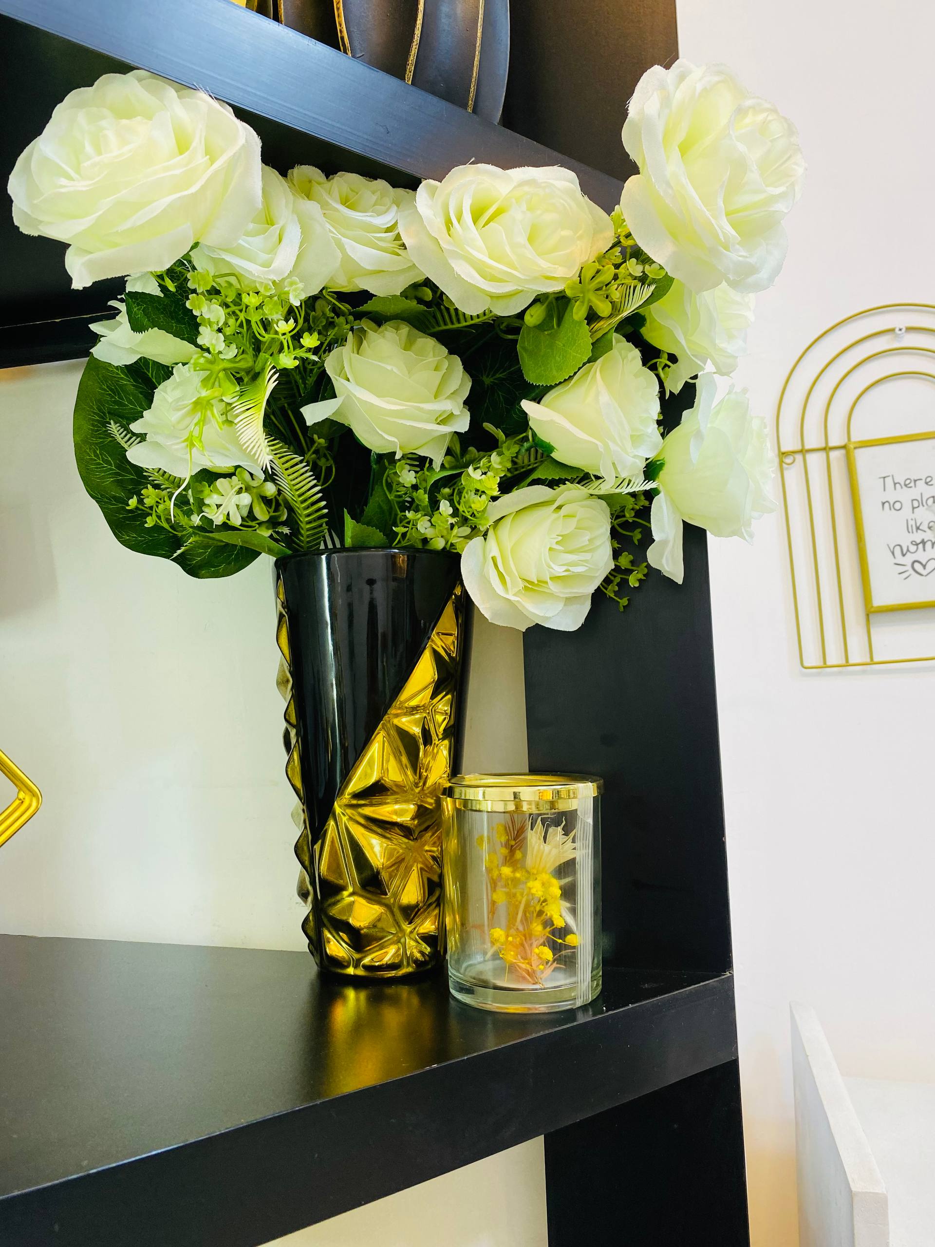 Golden and Black Ceramic Flower Vase and Bunch of Flower
