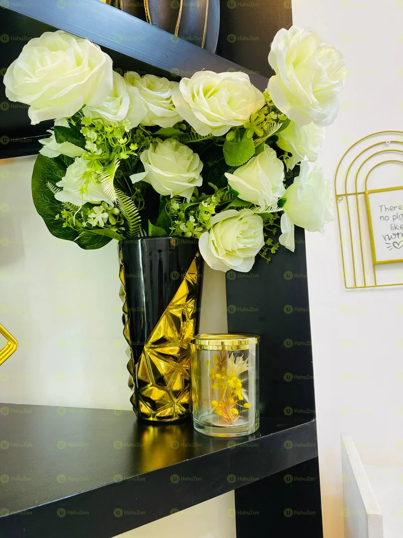 Golden and Black Ceramic Flower Vase and Bunch of Flower