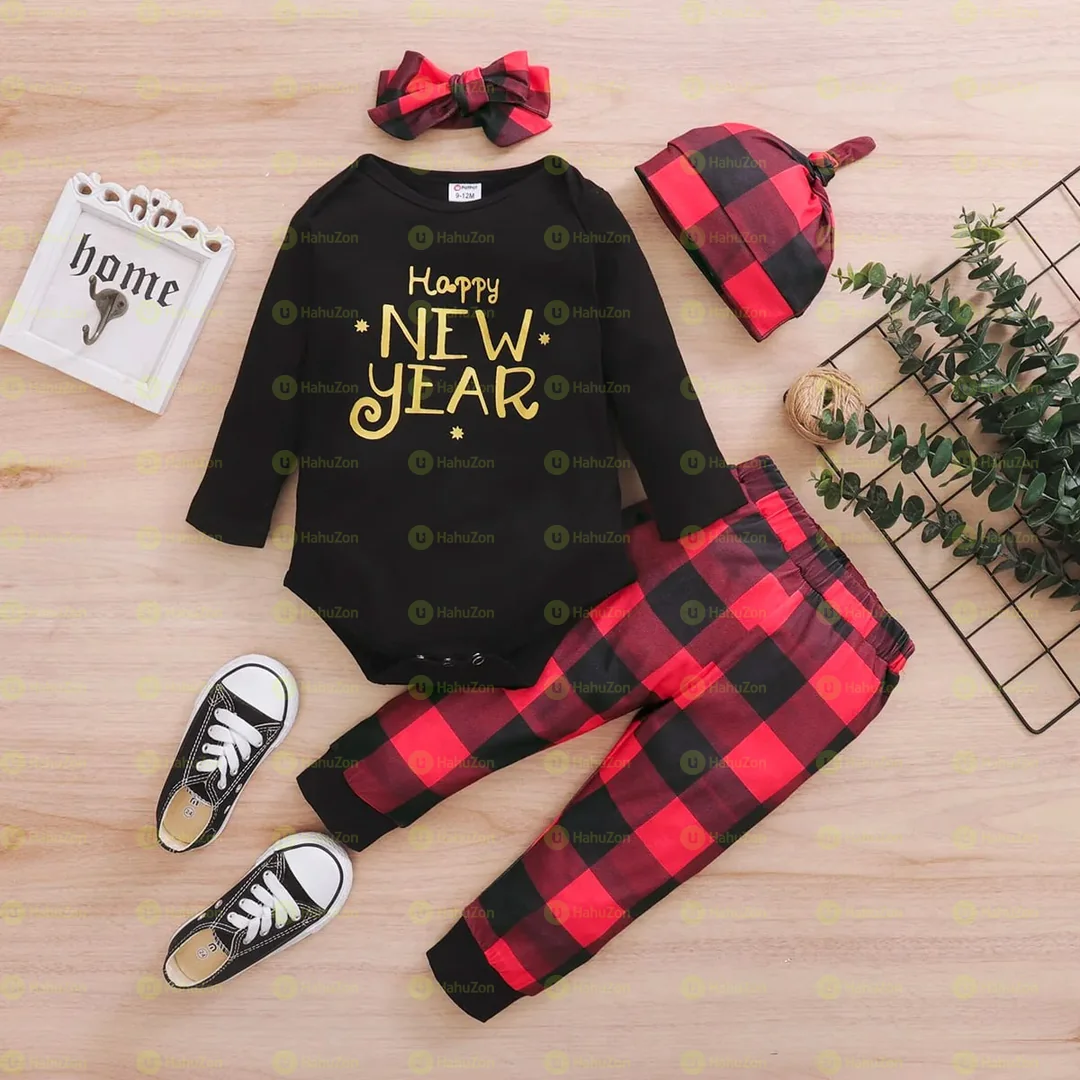 4pcs Baby Long-sleeve Cotton Romper Unisex New Year Party Baby's Sets