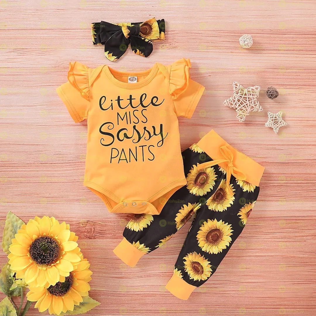 3pcs Letter and Sunflower Print Ruffle Decor Yellow Baby Set