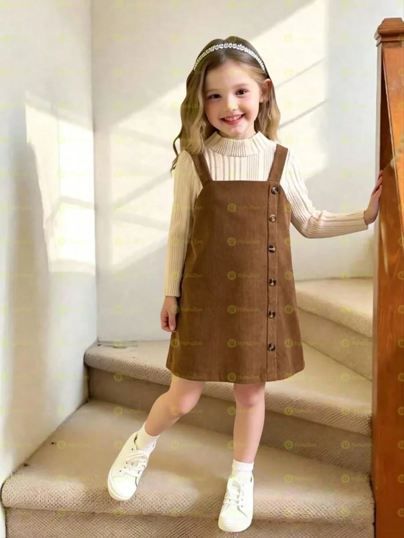 Toddler Girls Long Sleeve Top and Button Design Suspender Skirt