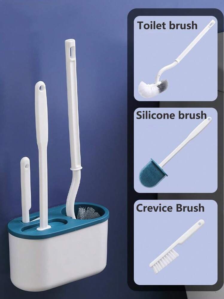 Wall-Mounted 3in1 Toilet Cleaning Brush With Brush Holder