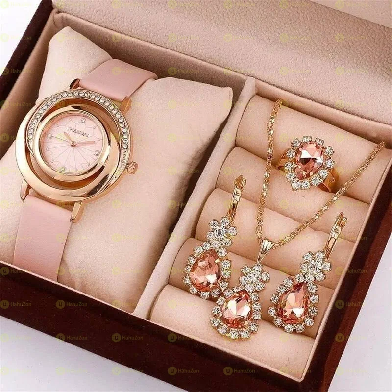 5pcs Set Luxury Watch Women Ring Necklace Earring Rhinestone