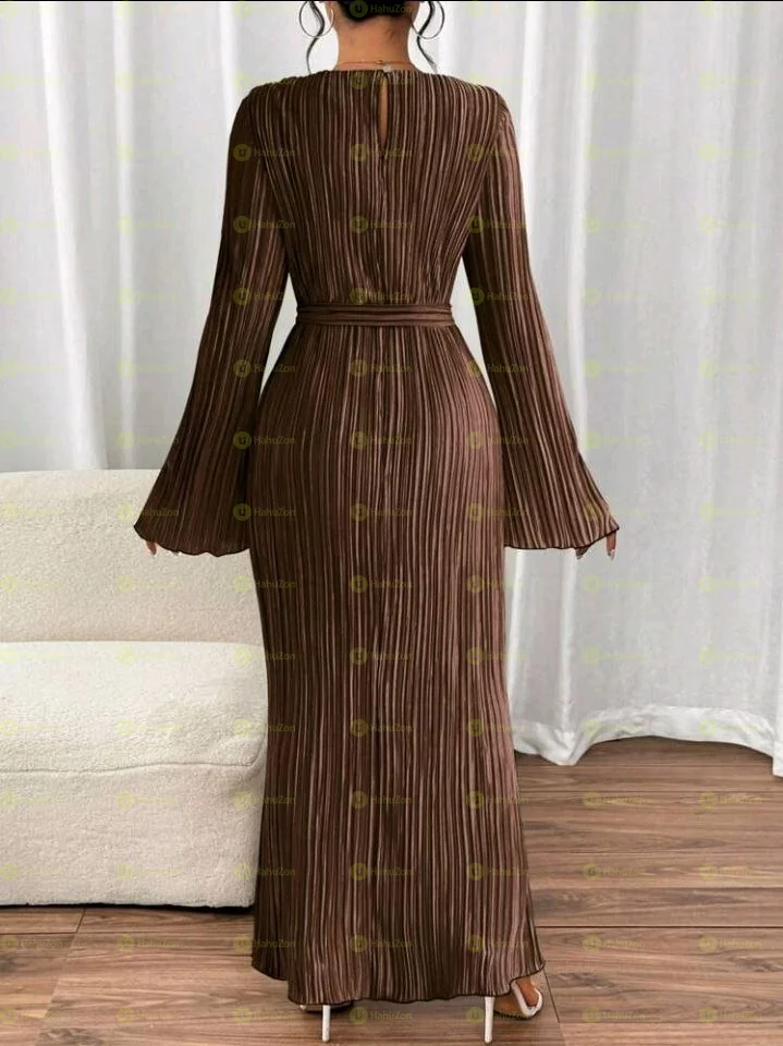 Pleated Long Sleeve Elegant Dress