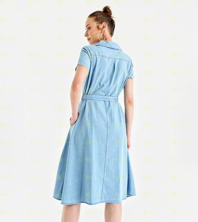 Belted Short Sleeves Shirt Dress